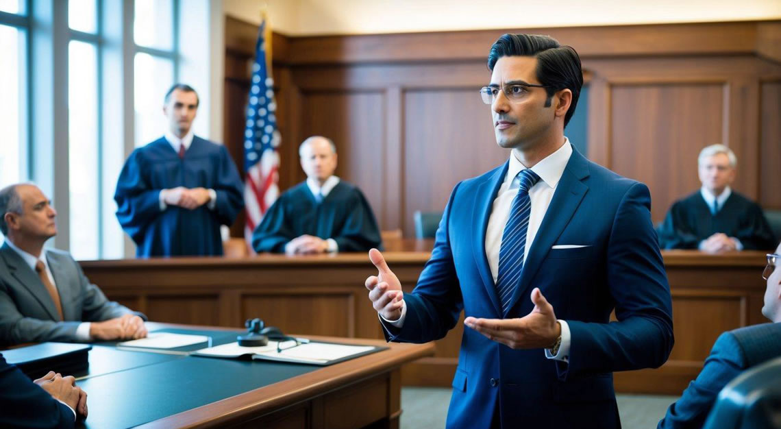 A courtroom with a lawyer confidently presenting a case to a judge and jury. The lawyer exudes professionalism and expertise, commanding the attention of everyone in the room