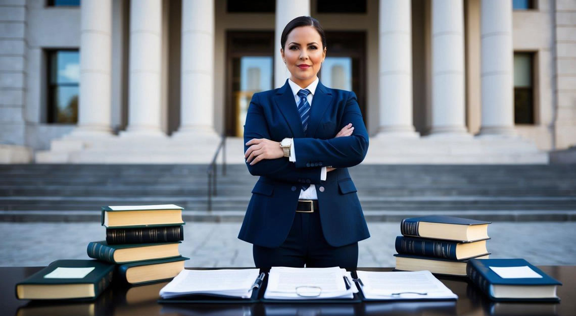 A DUI lawyer standing confidently in front of a courthouse, surrounded by law books and legal documents, with a determined expression on their face