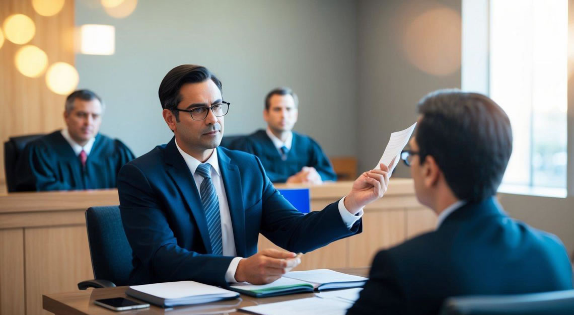 A courtroom scene with a lawyer presenting evidence and confidently defending a client facing a DUI charge in Arizona
